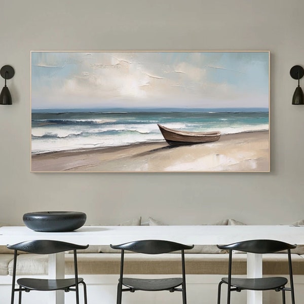 Extra Großes Original Bootsgemälde eine abstrakte Malerei von Kanu am Strand Ruderboot Wandkunst Strand Leinwand Wandkunst Ozeanwellen Gemälde