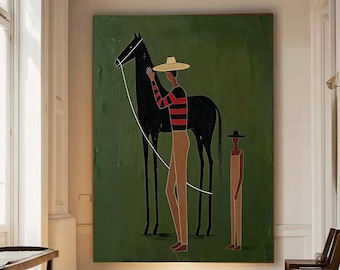 Japandi Western Conwboy Wall Art Figurative Abstract Horse Oil Painting Large Cowboy Art Textured Brown Canvas Neutral Wabi-Sabi Wall Decor
