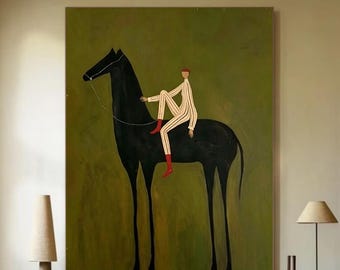 Olive Green Abstract Horse Rider Painting Vintage Figurative Canvas Neutral Textured Wall Art for Living Room