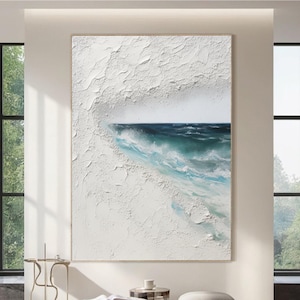 Grandi onde, dipinto murale, arte astratta dell&#39;oceano, arte murale minimalista con onde, dipinto incorniciato, arte della spiaggia con texture, decorazione per il soggiorno