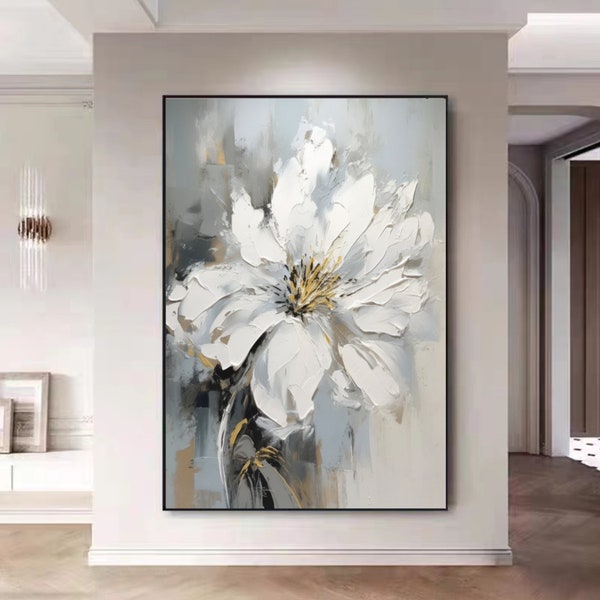 Weiße Blumen Leinwand Gemälde Floral Abstrakte Wandkunst Moderne Blumen Kunstwerk Landschaft Wandkunst Weiße Blumen Kunst für Wohnzimmer Wanddekor