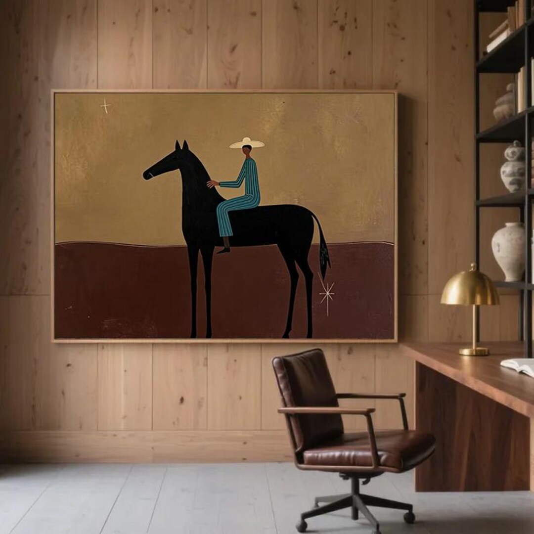 Large Japandi Western Cowboy Wall Art Abstract Brown Horse Textured ...