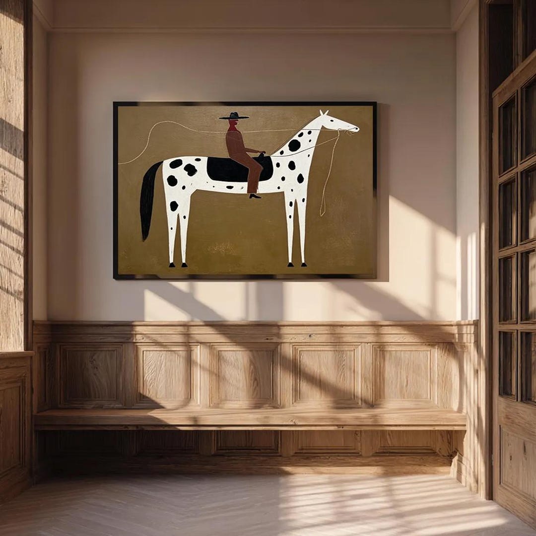 Oversized Neutral Western Cowboy Painting Japandi Abstract Horse Canvas ...