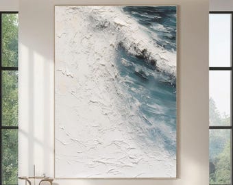 Ocean Textured Painting Framed Blue Ocean Wall Art Large Textured Whie Wave Painting Beach Canvas Art Acrylic Coastal Painting Wall Decor