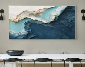 Blue Waves Wall Painting Texture Wall Art 3D White Waves Art 3D Minimalist Ocean Painting on Canvas Living Room Painting Fashion Room Decor