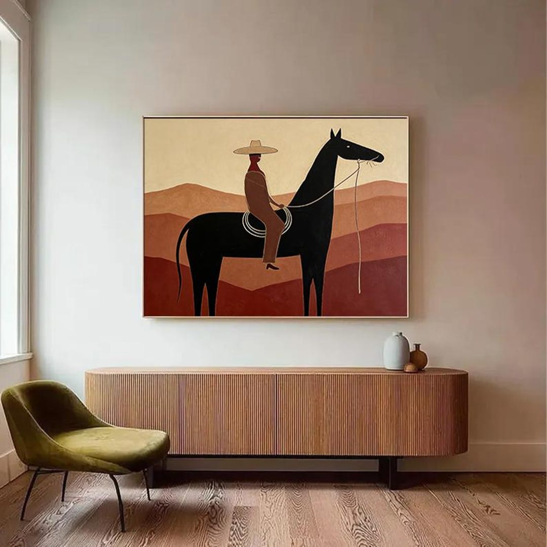 Vintage Western Cowboy Horse Rider Wall Art Japandi Large Textured ...