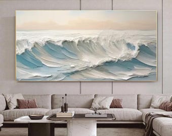 Rustic Muted Beige 3D Dimensional Sea Canvas Heavy Matte Plaster Abstract Ocean Waves Minimal Wabi Sabi Seascape Hanging Art