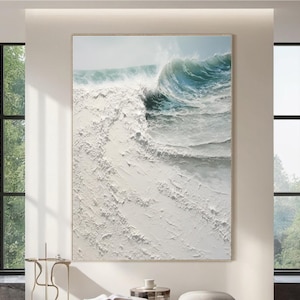 Dipinto con texture oceanica, arte murale testurizzata, dipinto di onde oceaniche su tela, dipinto astratto oceanico, arte Wabi-Sabi, arte murale costiera sulla spiaggia