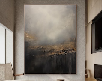 Gold Leaf 3D Texture Painting on Canvas Black & Gold Abstract Minimalist Paining Large Black Wall Art Wabi Sabi Wall Art Boho Texture Canvas