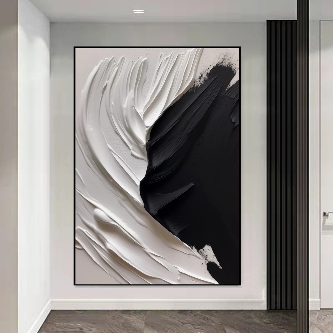 Large Textured Abstract Painting: Black and White Minimalist Wall Art ...