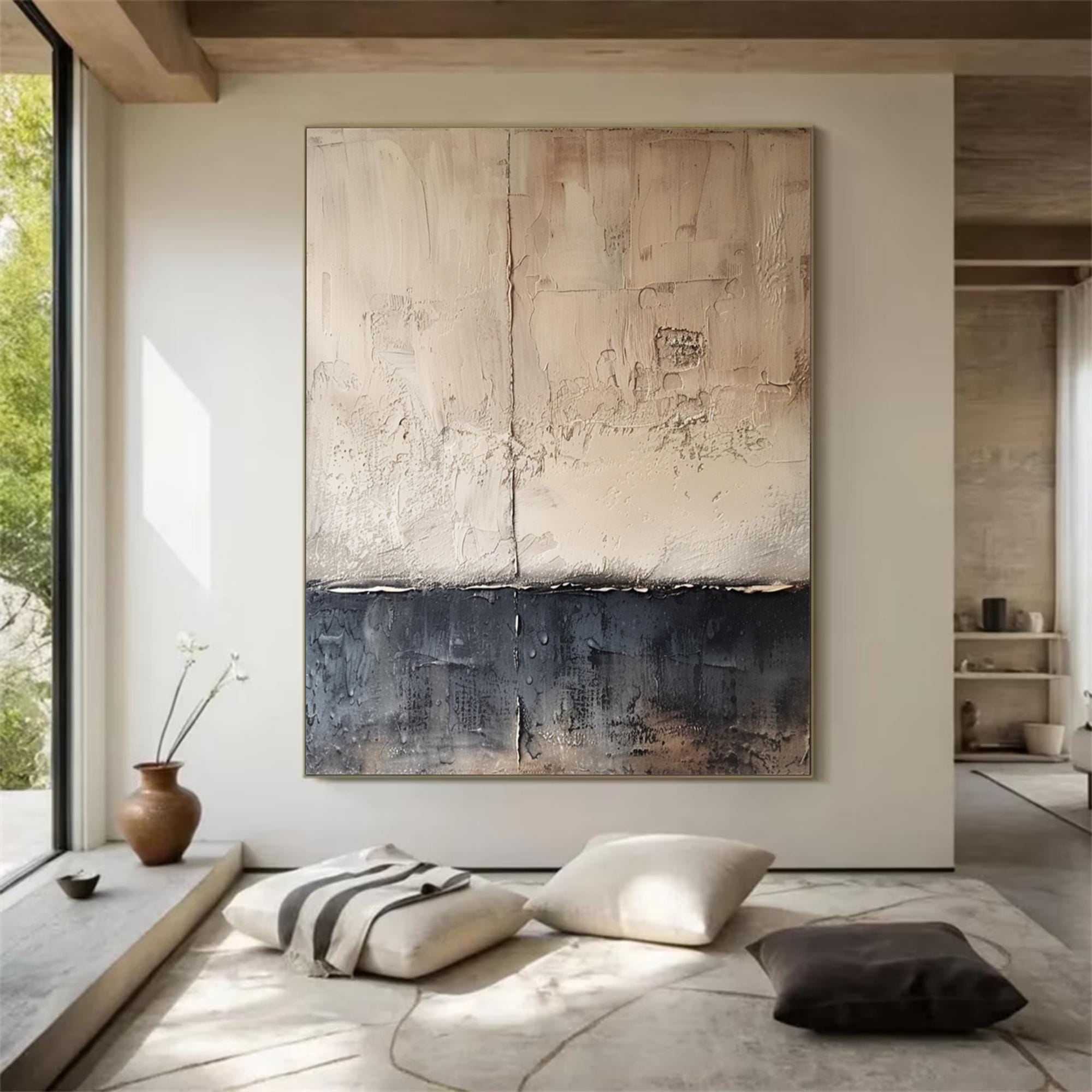 Wabi Sabi 3D Textured Brown Blue Wall Art: Minimalist Abstract Oil ...