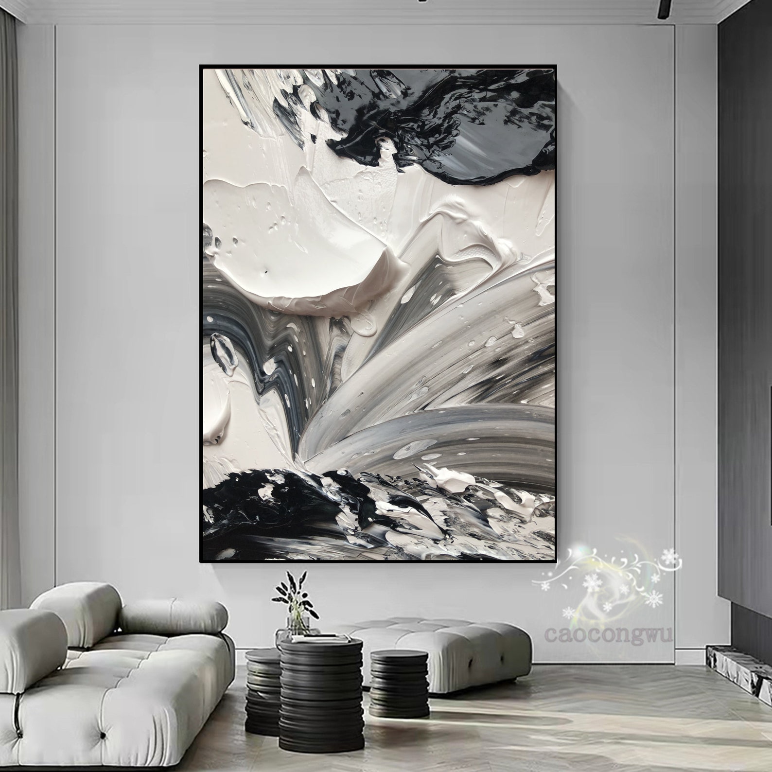Large White Textured Wall Art Black and White Painting Black Etsy