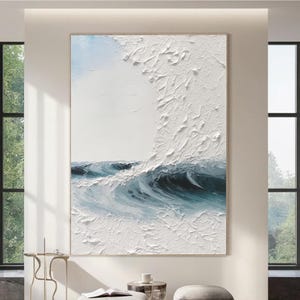 Grande dipinto a parete con texture oceanica in 3D, dipinto con onde blu incorniciato, dipinto astratto con mare, dipinto acrilico con texture oceanica, decorazione da parete