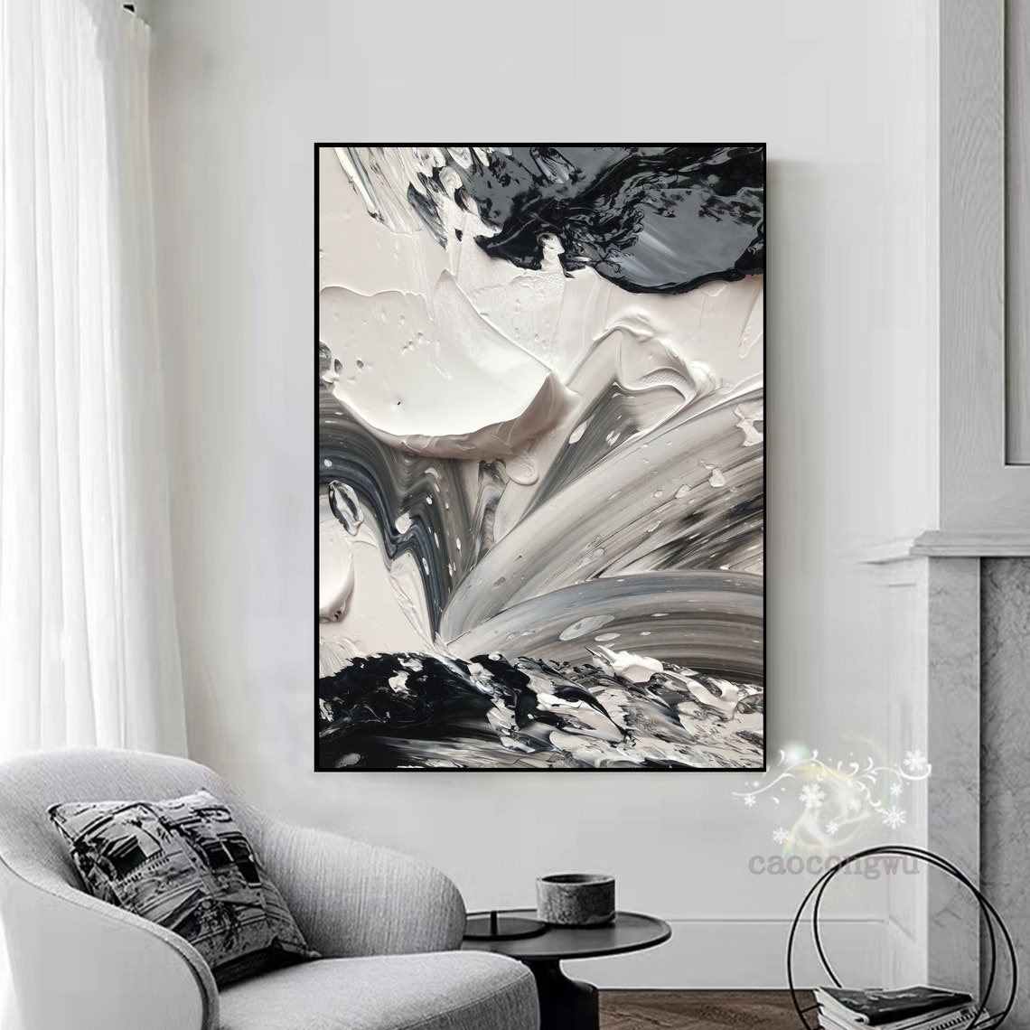 Large White Textured Wall Art Black and White Painting Black Etsy