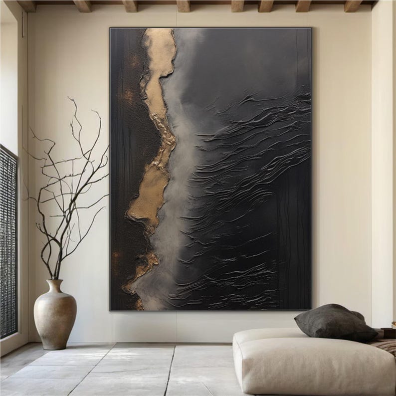 Large Gold Texture Canvas Art Wabi Sabi Wall Art Black Gold 3D Texture ...