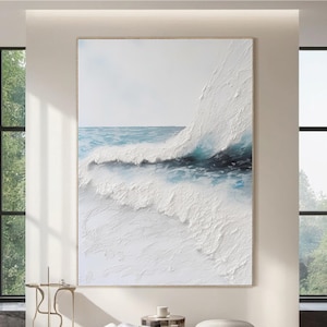 Ocean Textured Painting Wave Painting Framed Blue Ocean Wall Art Beach Canvas Art Acrylic Abstract Coastal Landscape Painting Wall Decor