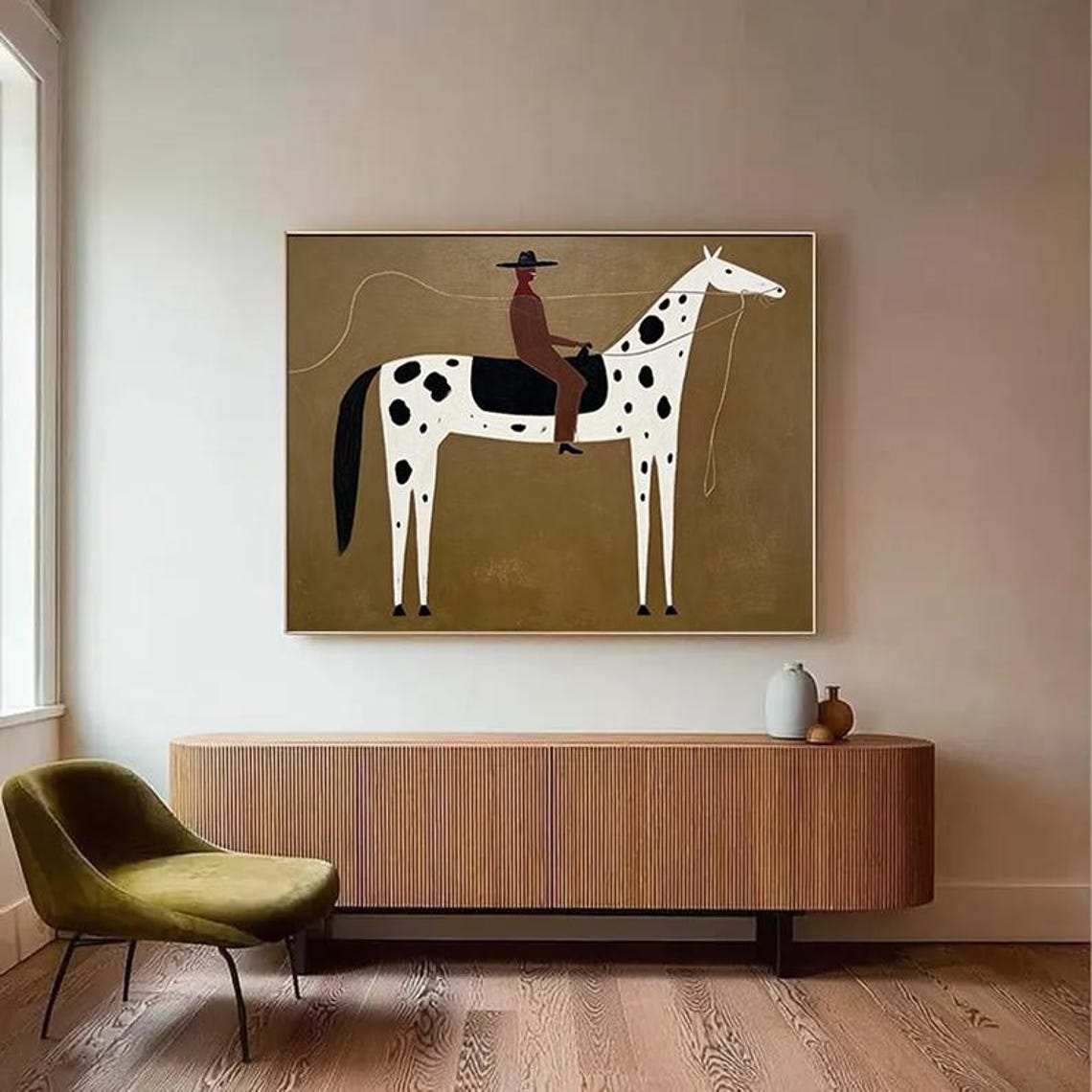 Oversized Neutral Western Cowboy Painting Japandi Abstract Horse Canvas ...