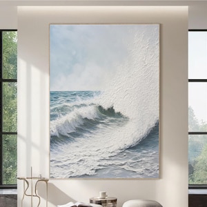 Large Wall Art Ocean Abstract Painting Hand Painted Waves Textured Art Sea Art Framed Ocean Painting Plaster Canvas Ocean Painting Decor