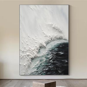 Grande dipinto murale 3D con texture oceanica, originale dipinto in stile gesso su tela, dipinto con texture pesante, decorazione minimalista per la parete del soggiorno.