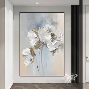 Larger 3D Abstract White Flowers Oil Painting On Canvas, Floral wall Art,  Textured Painting,  Home Decor Wall Art, Floral Wall Decor, Gift