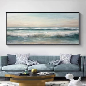 Sunrise Wall Art Blue Ocean Wave Art Original Hand-painted 3D Sea Wave Oil Painting On Canvas Modern Abstract White Ocean Waves Wall Decor