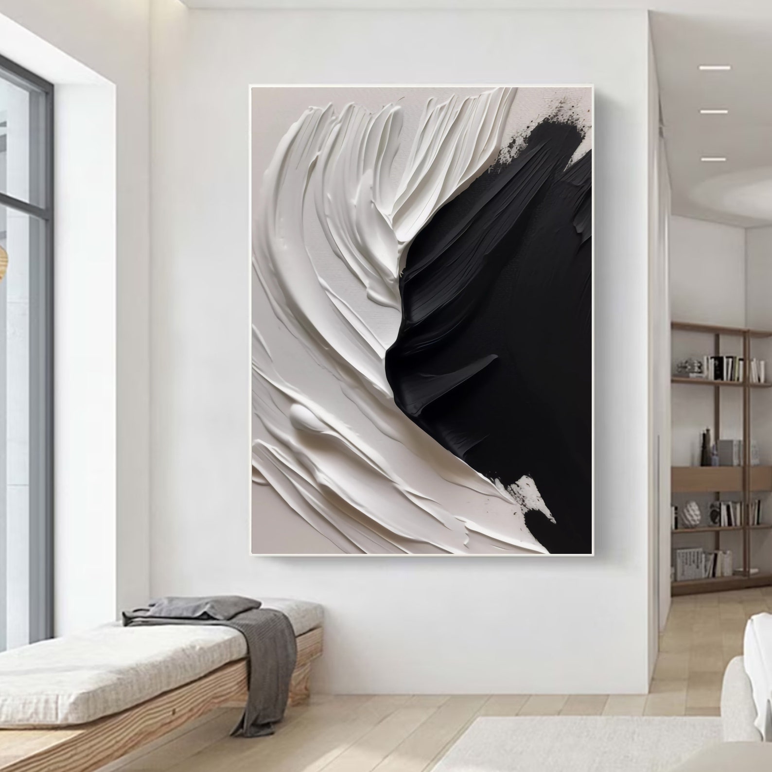 Large Textured Abstract Painting: Black and White Minimalist Wall Art ...
