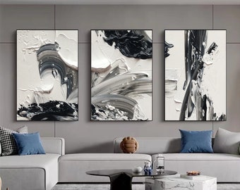 Large Black and White Textured Paintings Set of 3 Hand-painted painting Set of 3 Black and White Acrylic Textured Wall Art Wall Decor 1214