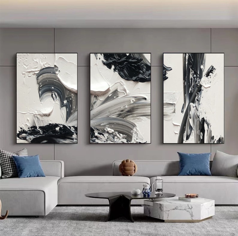 Large Black and White Textured Paintings Set of 3 Hand-painted - Etsy