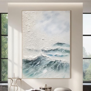 Framed Ocean Wave Wall Art Large 3D Textured Ocean Painting Textured Whie Wave Painting Acrylic Canvas Beach Painting Textured Wall Decor