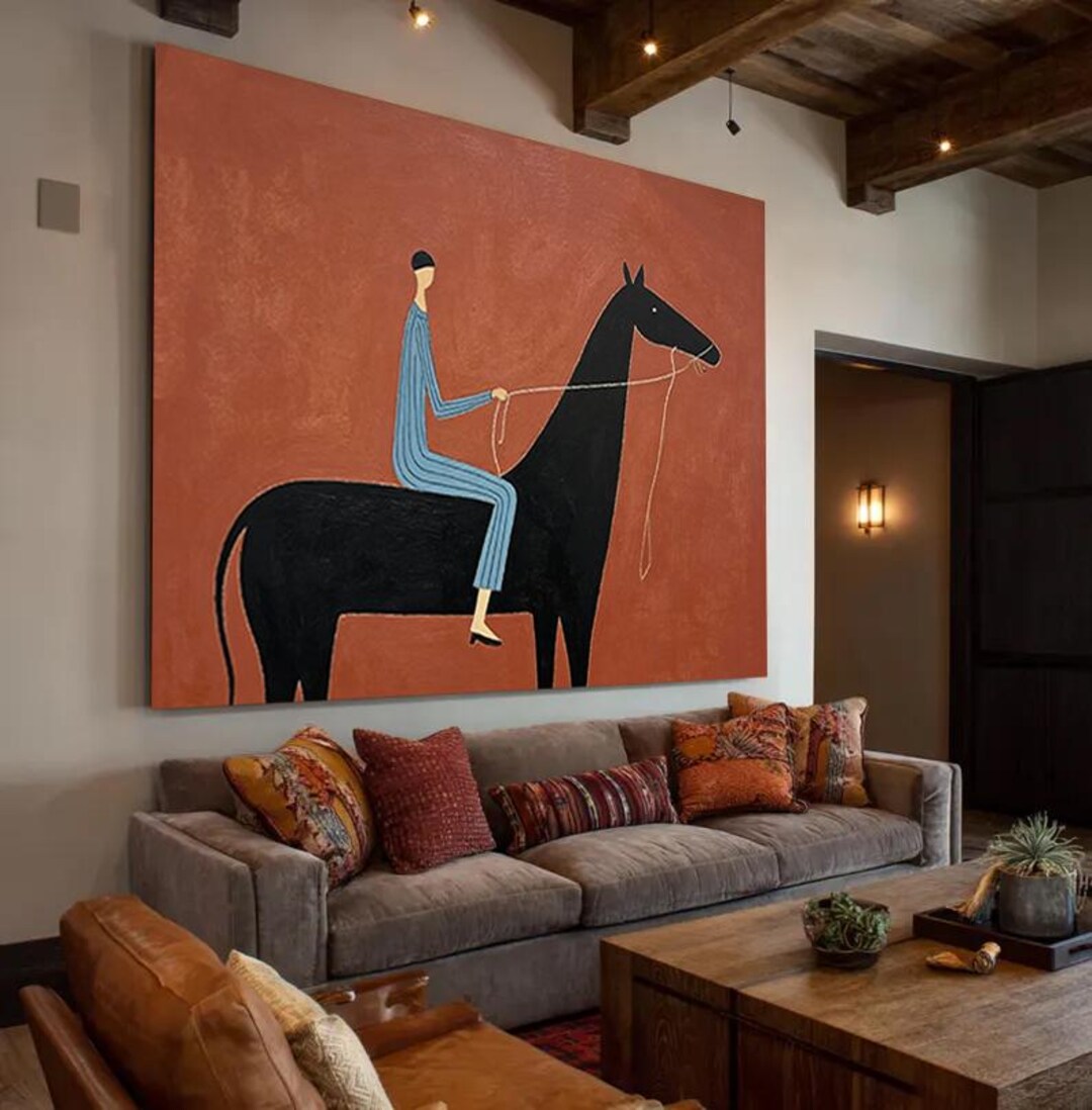 Oversized Neutral Horse Rider Wall Art Original Western Cowboy Japandi ...