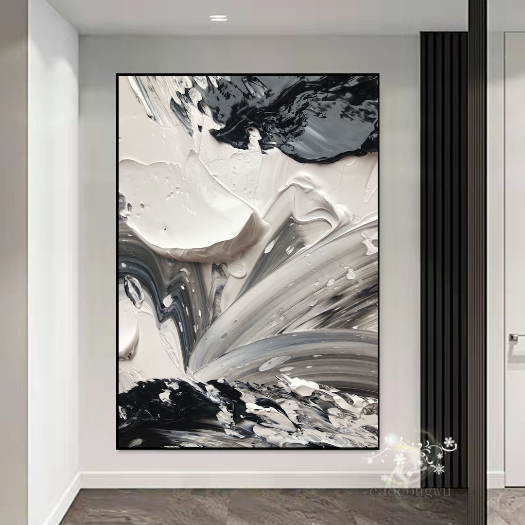 Large Textured Abstract Painting: Black and White Minimalist Wall Art ...