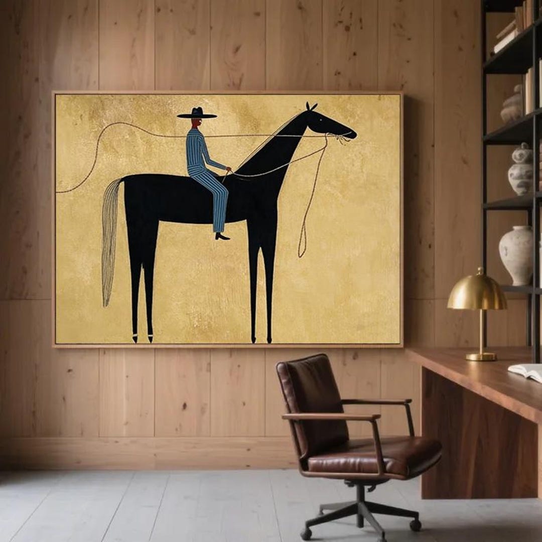 Oversized Earth Tone Western Cowboy Art Abstract Horse & Rider Canvas ...