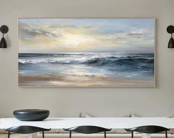 Abstract Ocean Wave Painting, Blue Sea Texture Art on Canvas