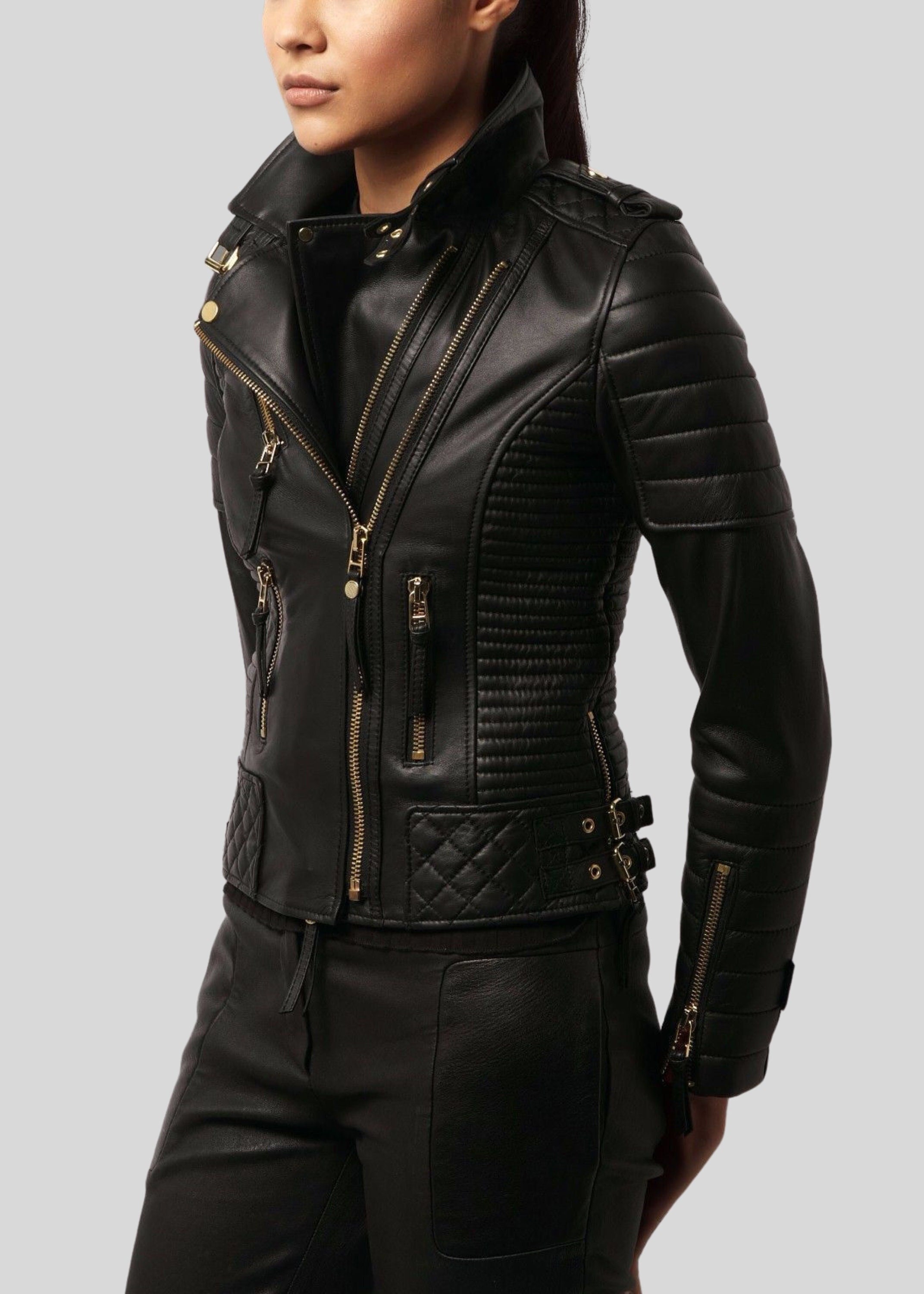 Women's Black 100 Genuine Lambskin Leather Biker Jacket, Women's Black