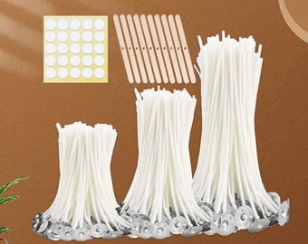 Bulk 300Pcs Candle Wicks,100pcs Wicks Sticker, Pre-Waxed Cotton Core Wicks with Metal Sustainer Tabs for Pillar Candle Making and Candle DIY