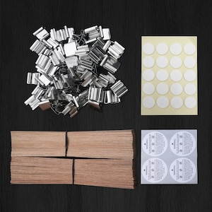 May include: A set of candle making supplies including metal candle clips, wooden candle wicks, adhesive backing dots, and warning labels.