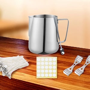 May include: A set of candle making supplies including a stainless steel pitcher, a metal stirring spoon, a bundle of white cotton candle wicks, a sheet of white round candle stickers, and two metal candle wick centering devices.