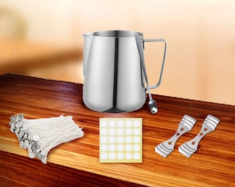 May include: A set of candle making supplies including a stainless steel pitcher, a metal stirring spoon, a bundle of white cotton candle wicks, a sheet of white round candle stickers, and two metal candle wick centering devices.