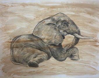 May include: A grayscale painting of an elephant lying down on a light brown background. The elephant's trunk is curled up and its eyes are closed.