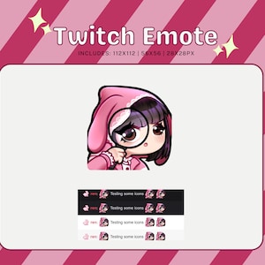 Peut inclure: Un personnage de dessin animé rose et noir avec une loupe, portant une veste à capuche rose avec des oreilles de lapin. Le personnage regarde le spectateur avec une expression surprise. L'image comprend le texte "Twitch Emote" et "INCLUDES: 112X112 | 56X56 | 28X28PX".