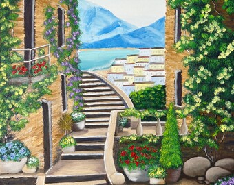 Amalfi groot olieverfschilderij Sorrento landschap Italië origineel kunstwerk 18"x24" oude stadskunstwerk van Ka3naArt