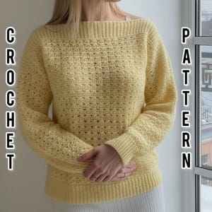 Casual Crochet Boatneck Sweater pattern Long Sleeve Off The Shoulder for all sizes.