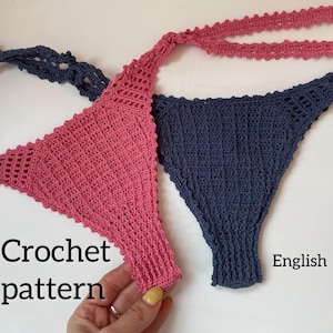 May include: Two crochet bikini tops, one pink and one navy blue, with tie straps. The pink top is held by a hand. The text "Crochet pattern" is visible. The word "English" is also visible.