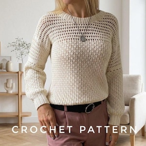Textured Crochet Pullover Sweater PDF Pattern | Balloon Sleeves, Ribbed Neckline, Hem Cuffs | Patron PDF de Suéter de Crochet.