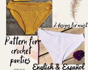 English & Español. Easy pattern for crochet bikini bottom "Bounty". 2 designs for waist. Sizes XS-XL. Patrón fácil para braguita "Bounty".
