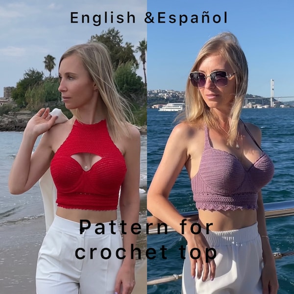 Englisch und Spanisch. Häkelanleitung für Top-Bralette. Klare Häkelanleitung für Häkel-Bikini-BH und -Oberteil. Patron de Crochet für das Top.