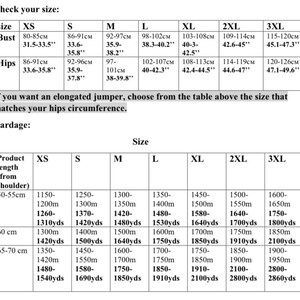 Puede incluir: Una tabla que muestra la tabla de tallas para un jersey, con medidas en pulgadas y cent&iacute;metros. La tabla incluye la talla, el busto, las caderas y el metraje necesario para cada talla. El metraje se indica en yardas y metros.