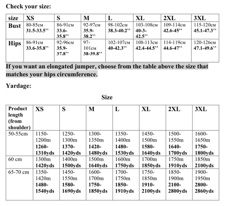 Puede incluir: Una tabla que muestra la tabla de tallas para un jersey, con medidas en pulgadas y cent&iacute;metros. La tabla incluye la talla, el busto, las caderas y el metraje necesario para cada talla. El metraje se indica en yardas y metros.