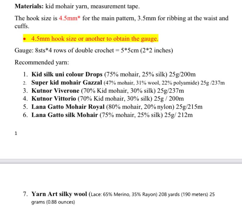 Puede incluir: Una lista de marcas de hilo recomendadas para tejer con mohair, incluyendo Kid silk uni colour Drops, Super kid mohair Gazzal, Kutnor Viverone, Kutnor Vittorio, Lana Gatto Mohair Royal y Lana Gatto silk Mohair. La lista incluye la composici&oacute;n del hilo, el peso y la longitud.