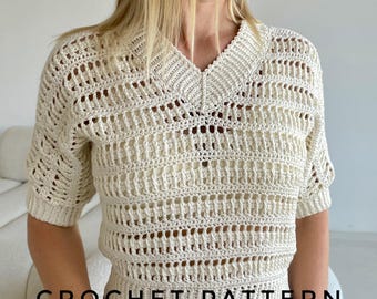 Häkelanleitung für einen V-Ausschnitt-Pullover (von oben nach unten) für Mädchen und Frauen. Häkelanleitung für einen V-Ausschnitt-Pullover in allen Größen.